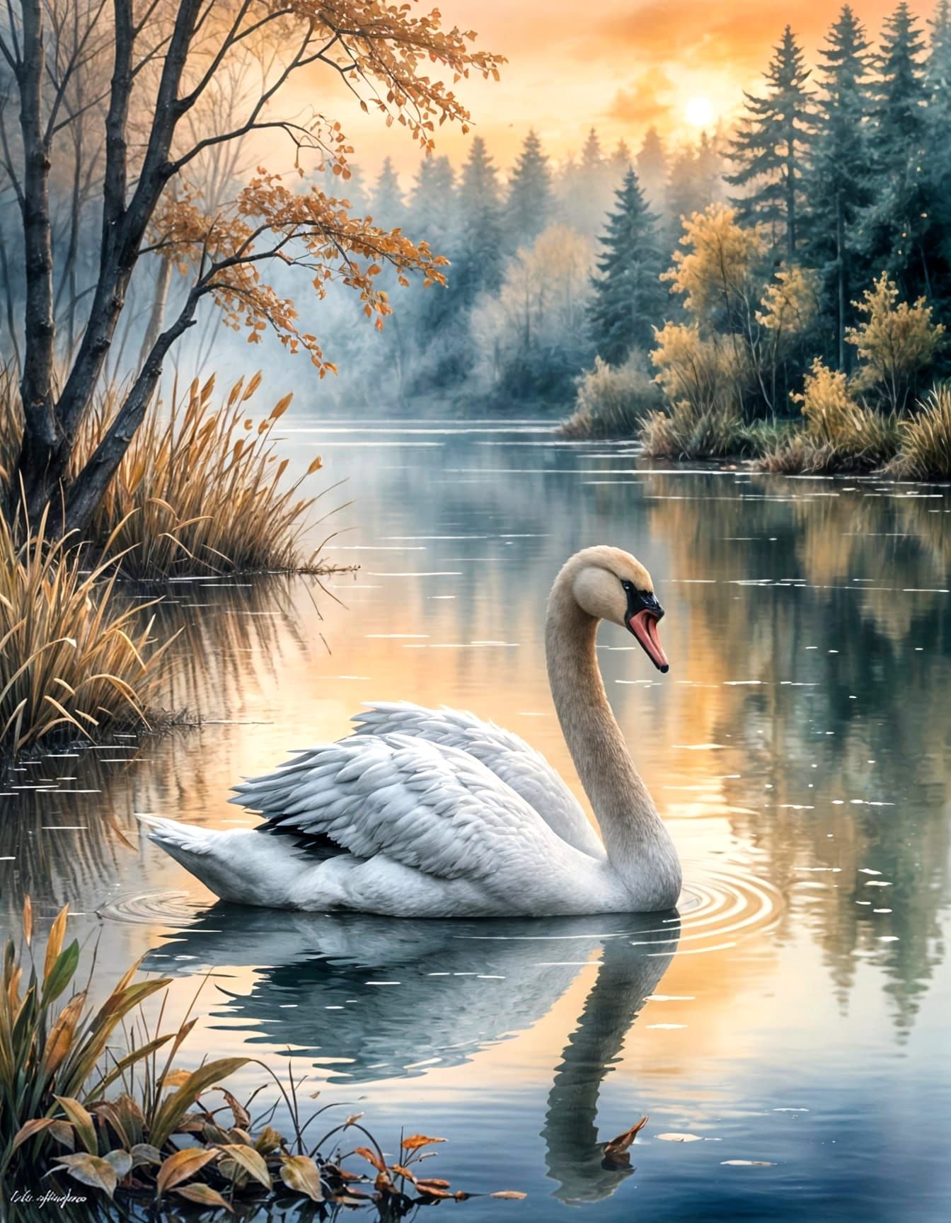 Whimsical Swan on Misty Lake Shore