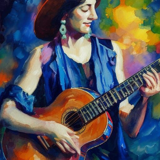 Female Guitarist in Impressionist Gouache Style