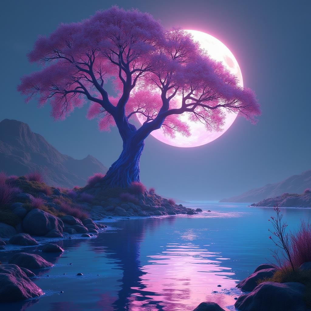 Ethereal Purple Tree and Moon in Fantasy Art