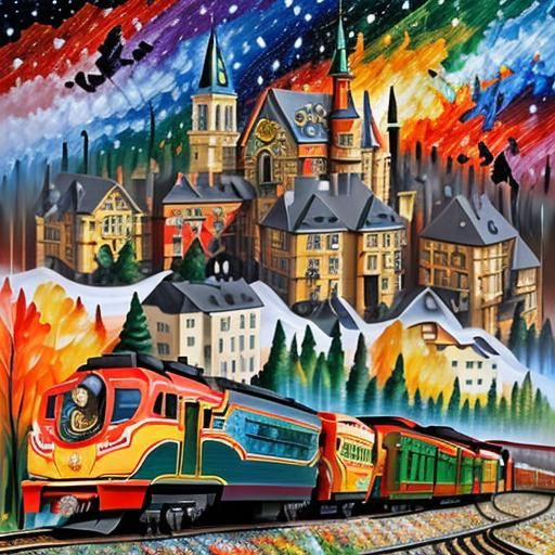 Vibrant Maximalist Toy Train Set in Whimsical Style