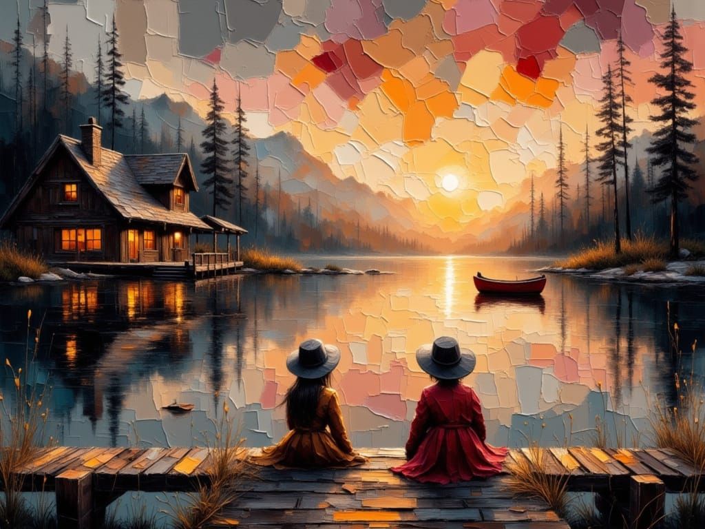 Impasto Sunset Tranquility: Dawn at Lakeside Cabin