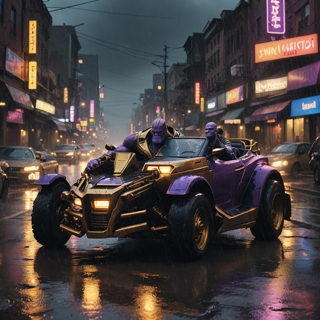 Thanos Giving Money in Rainy Cyberpunk City