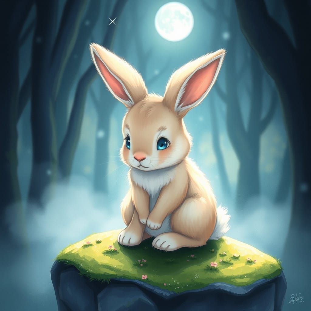 Lonely Bunny Lost in Moonlit Forest