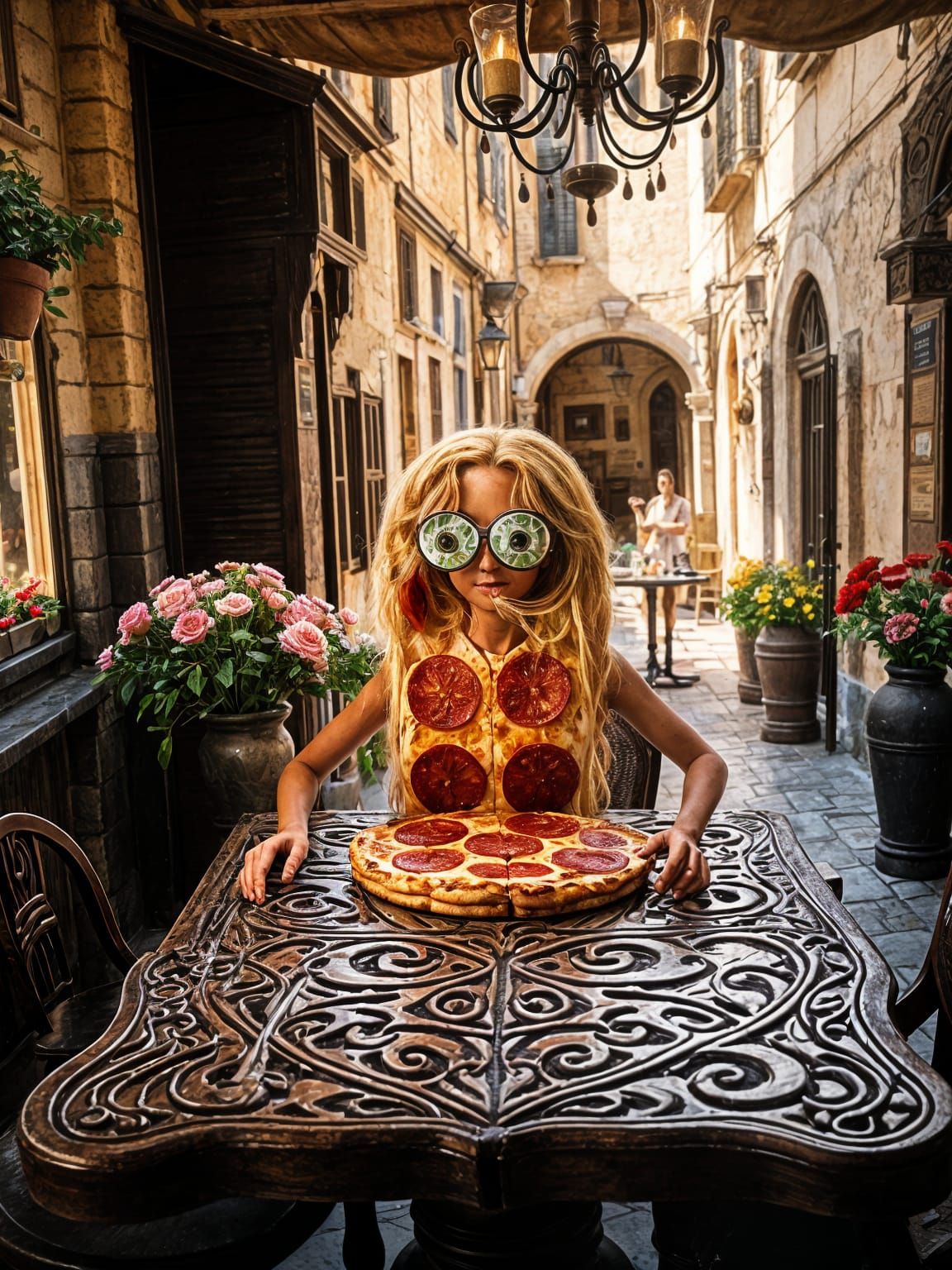 Humanoid Pepperoni Pizza in Italian Restaurant