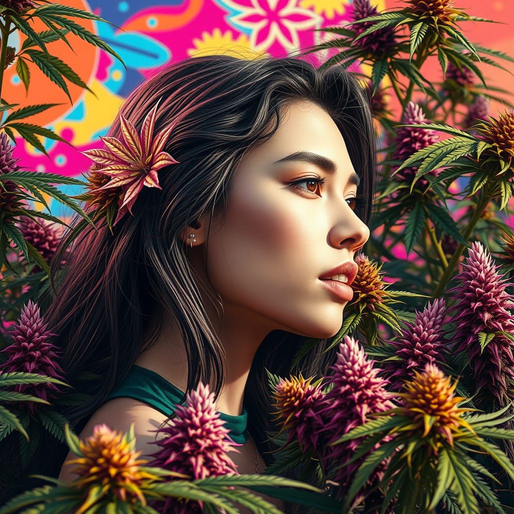 Woman Surrounded by Colorful Plants, Splash Art