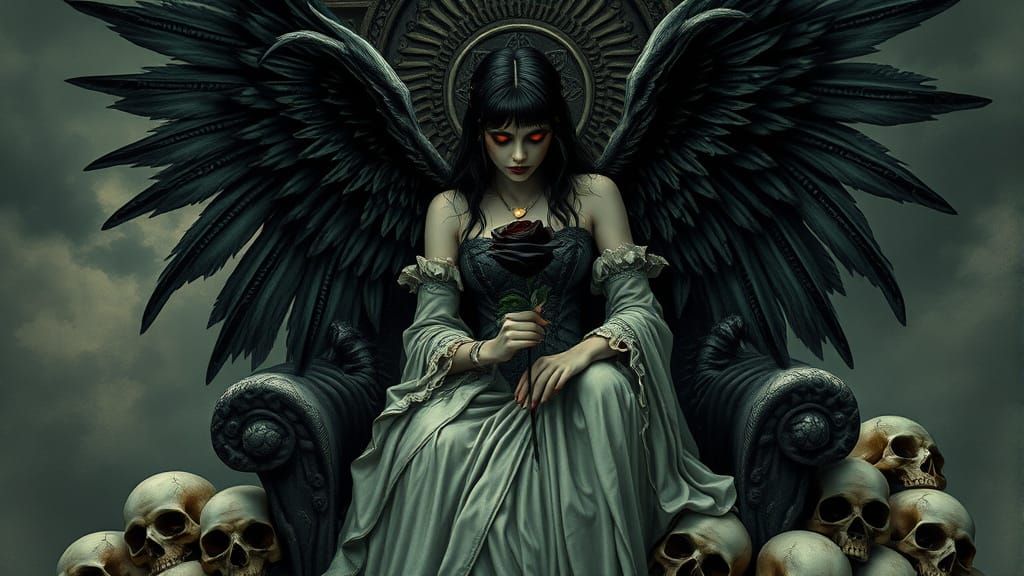 Gothic Fantasy Angel Sits on Throne of Skulls