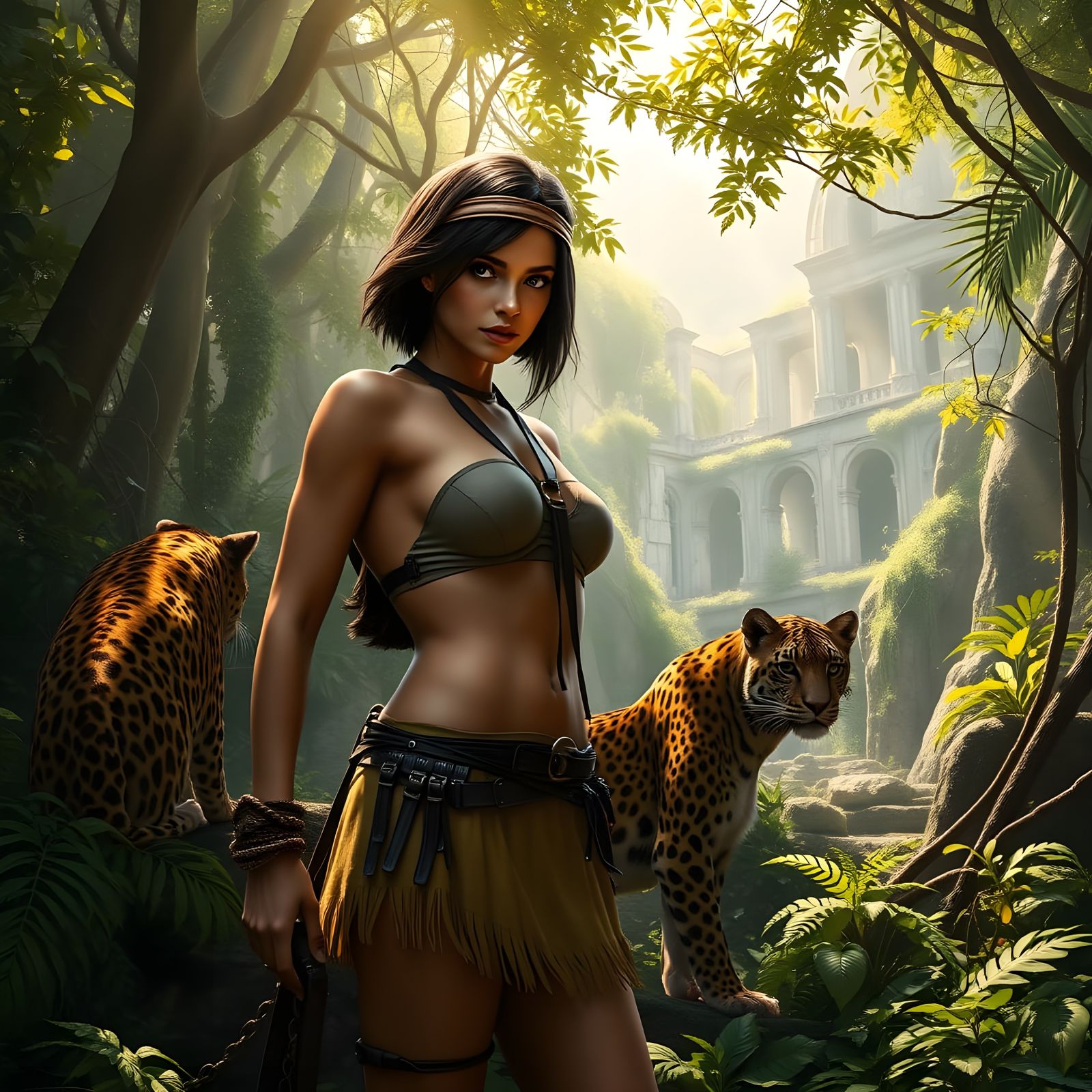 Fierce Jungle Warrior Surrounded by Ancient Ruins