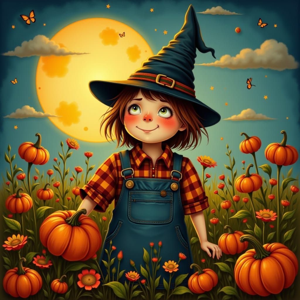 Cute Scarecrow Under Harvest Moon