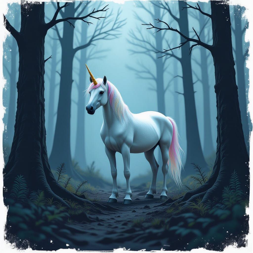 Colorful Unicorn in Black and White Forest