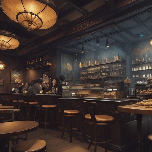 Whimsical Fantasy Coffeeshop Scene in Matte Painting Style