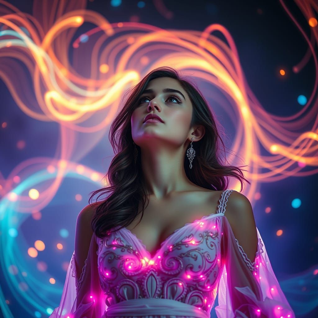 Mesmerized Woman Surrounded by Ethereal Lights