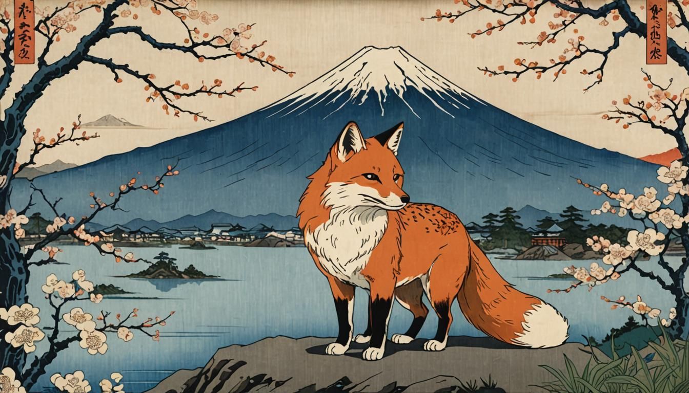 Kitsune Fox Stands Before Mount Fuji: Ukiyo-e Style