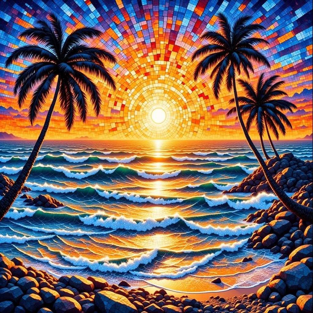 Mosaic Tile Art of a Beautiful Beach Sunset