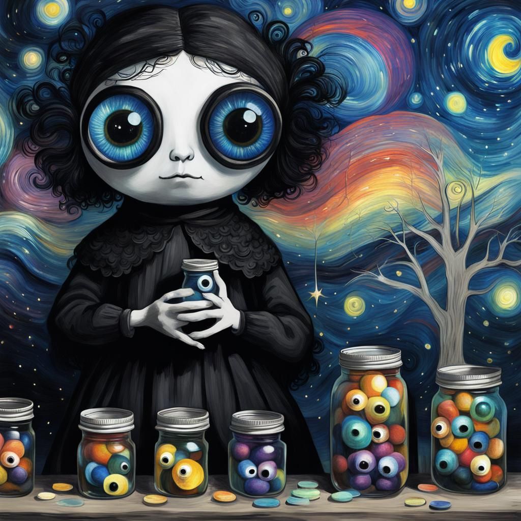 Gothic Creature with Googly Eyes in Van Gogh Style