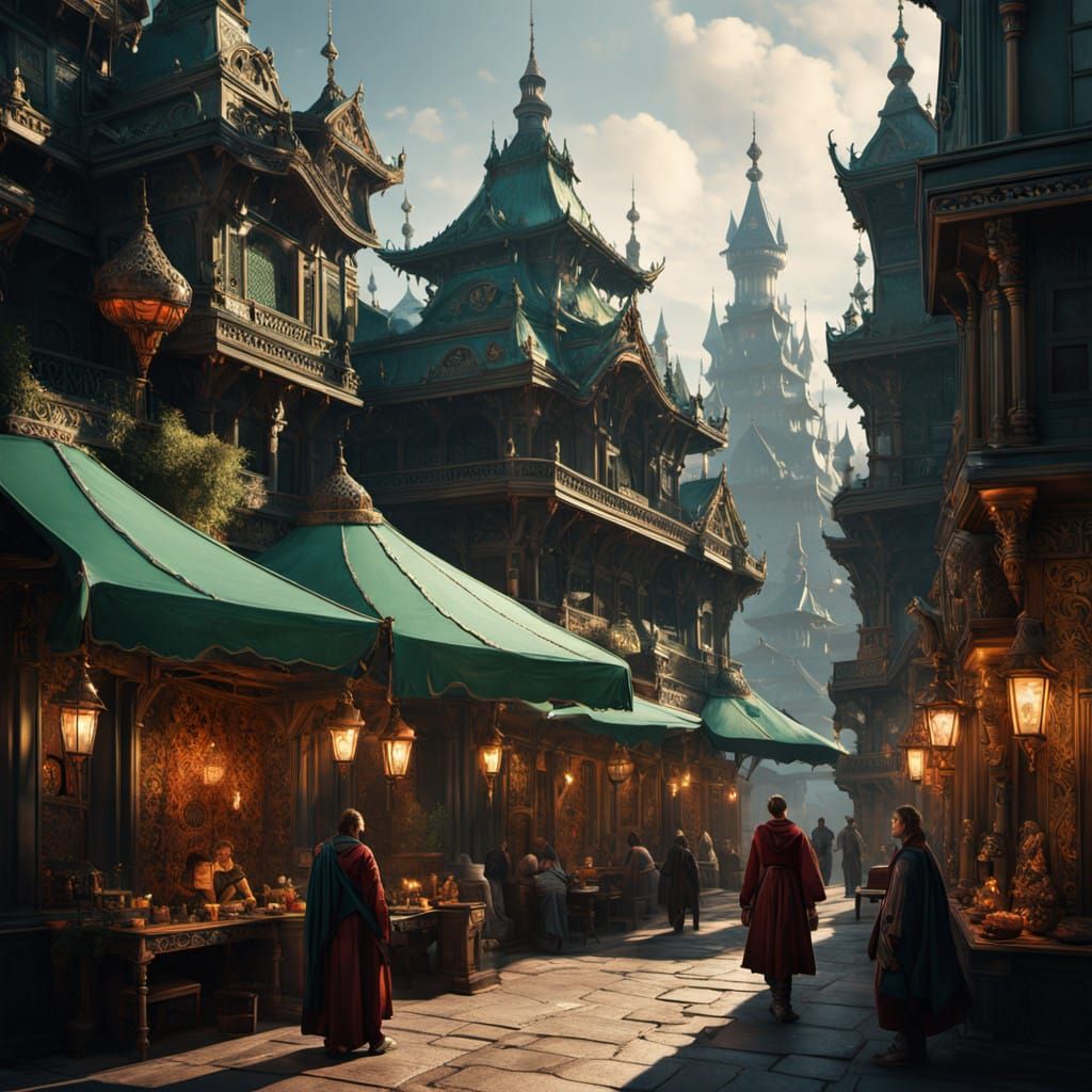 Vibrant Victorian Street Scene with Intricate Temples and El...