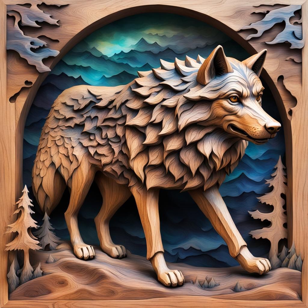 Wooden wolf sculpture
