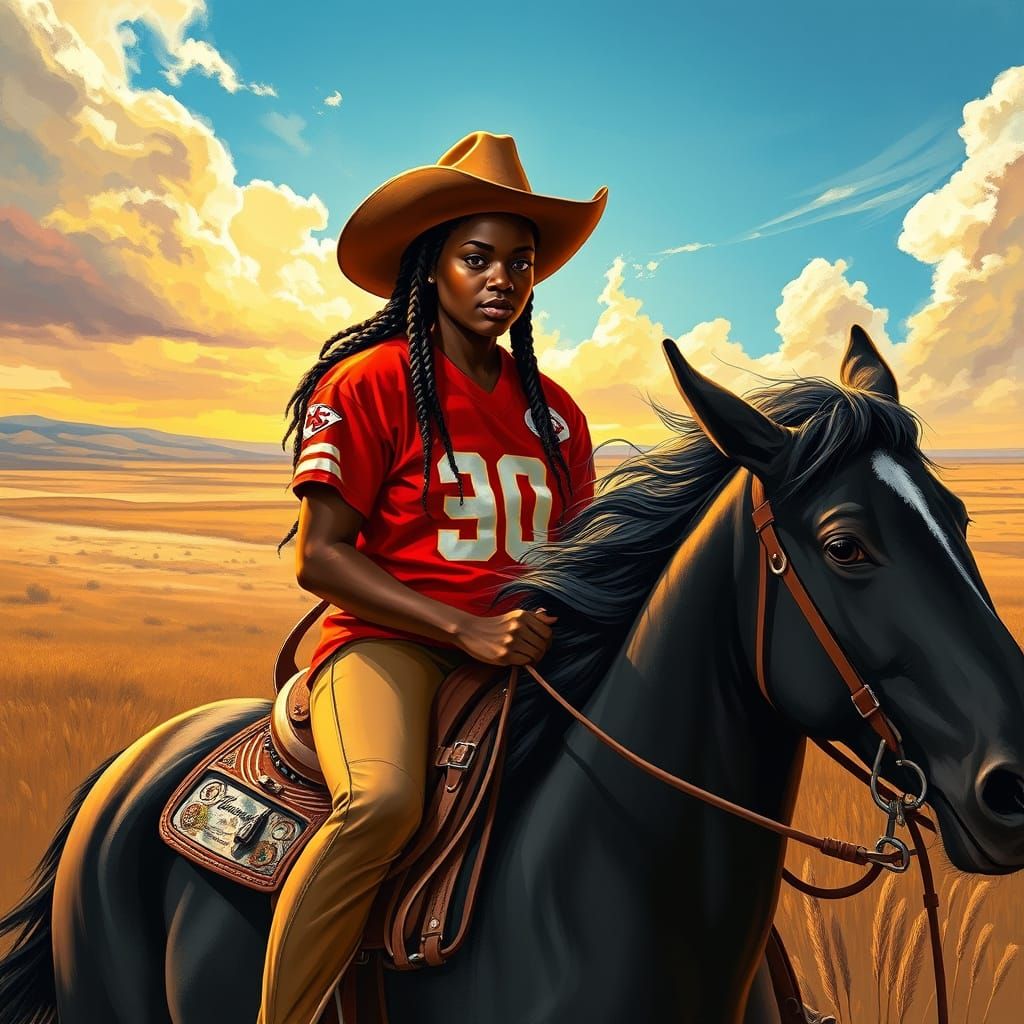 Cowgirl in Chiefs Jersey Rides Majestic Black Horse Across S...