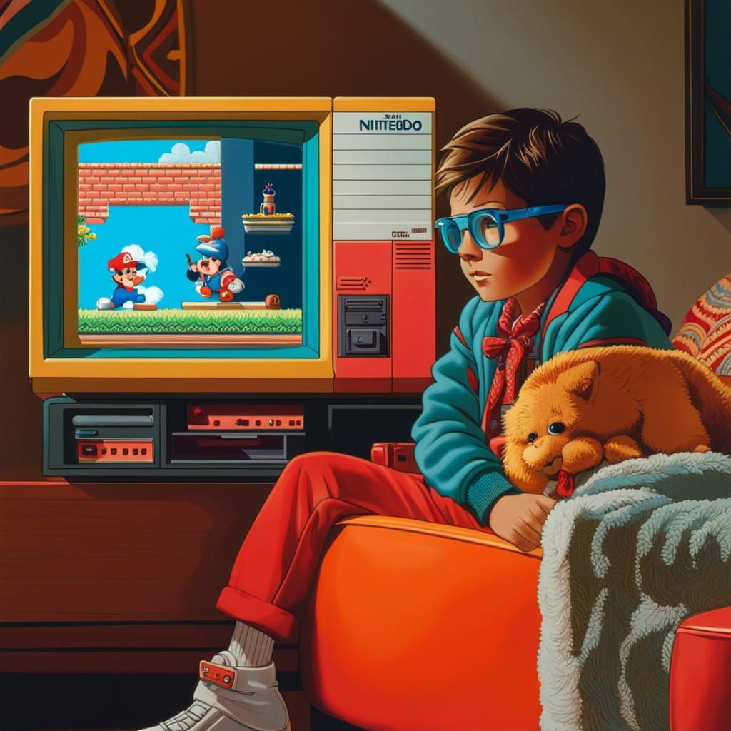 Boy Playing Nintendo in 1980s Graffiti Style