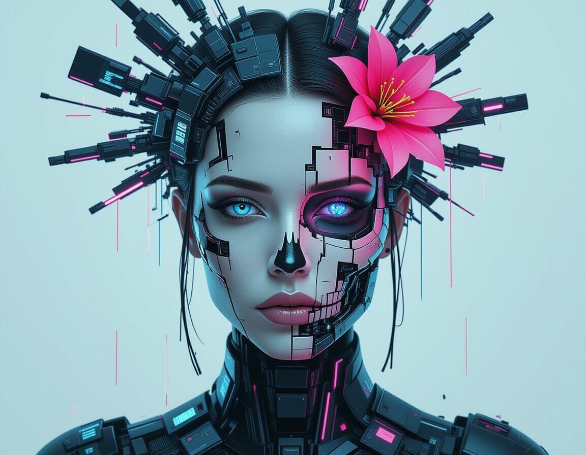 Cyberpunk Woman with Glitching Face and Neon Headdress