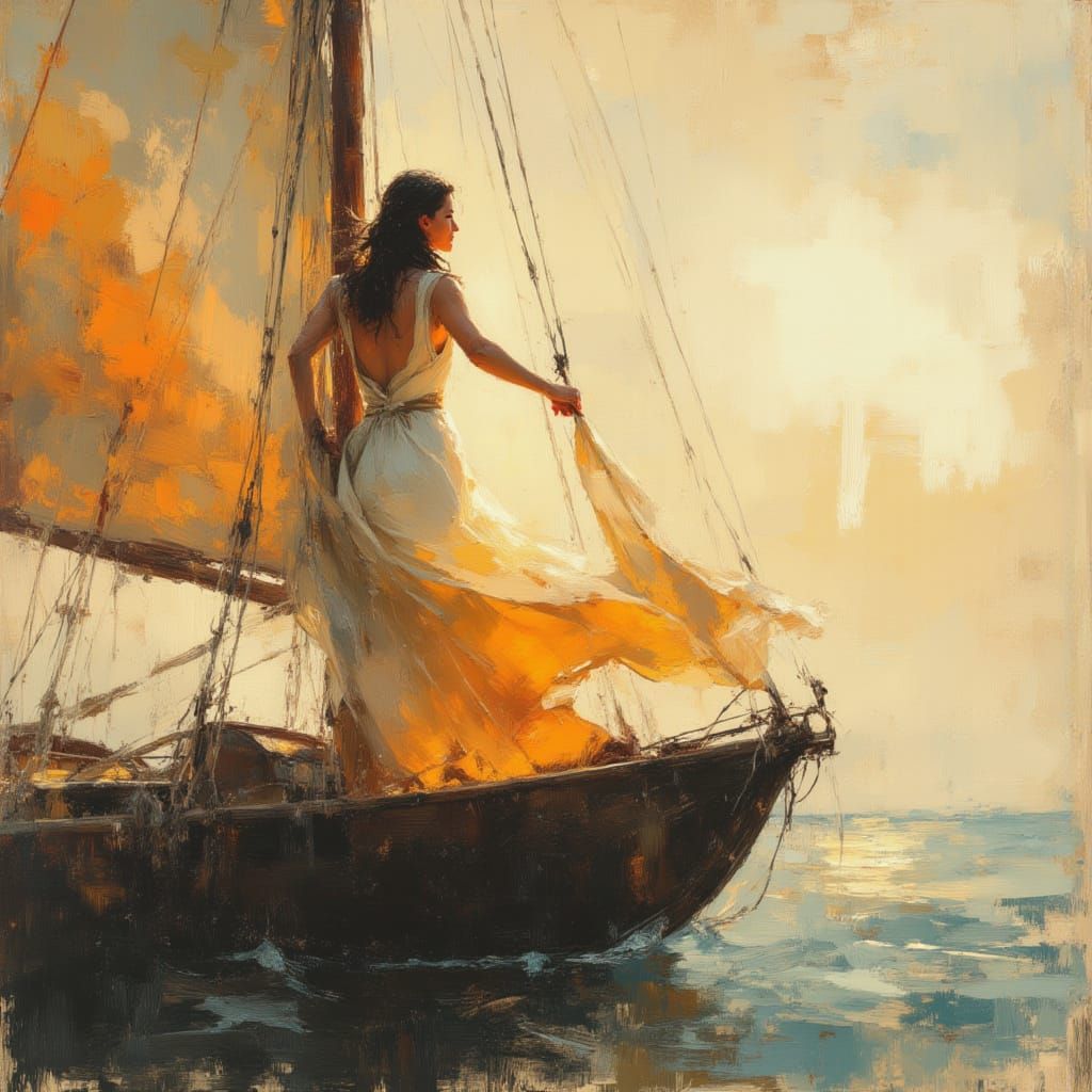 Woman Sailing at Golden Hour in Dreamlike Style