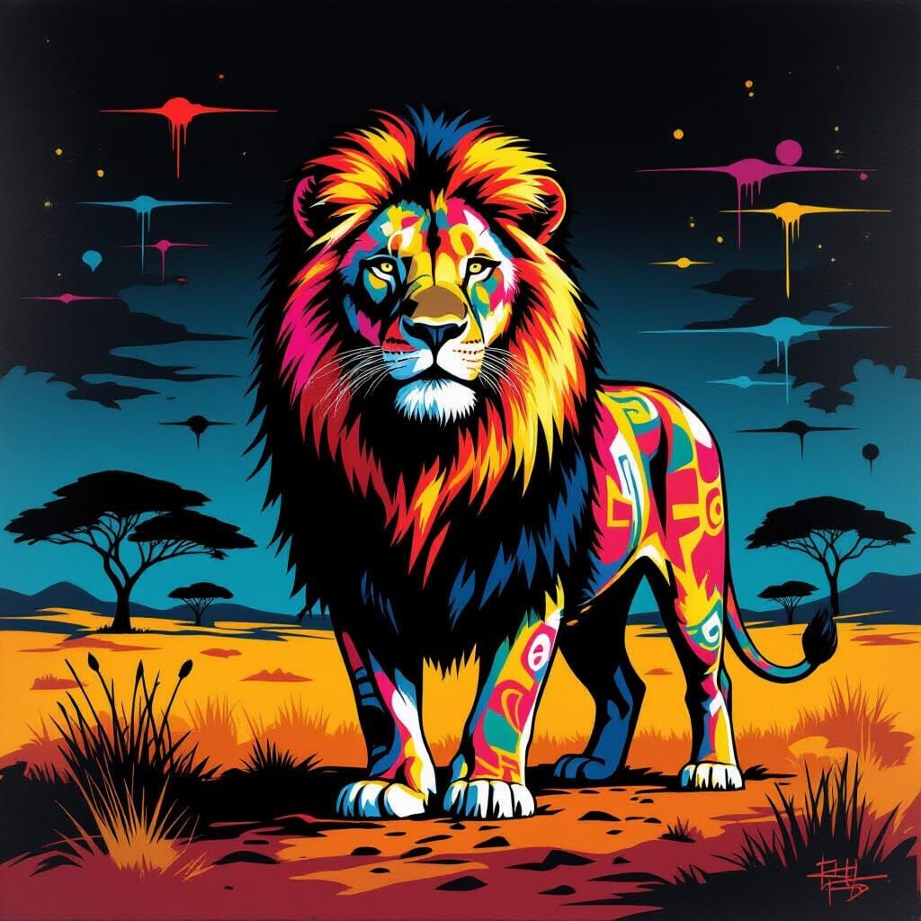 Graffiti Lion in Stylized Savannah, Street Art Style