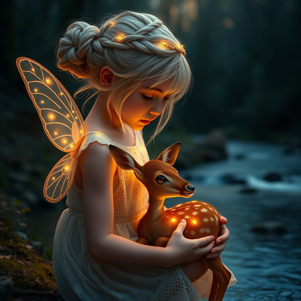 Girl with Deer in Enchanted Woodland Scene