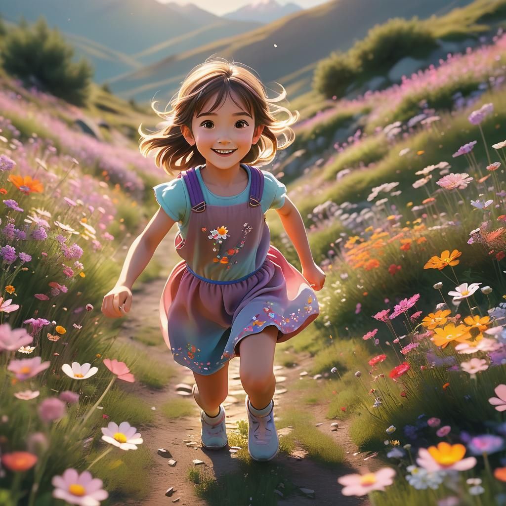 Girl Runs Through Wildflowers in 3D Anime Style