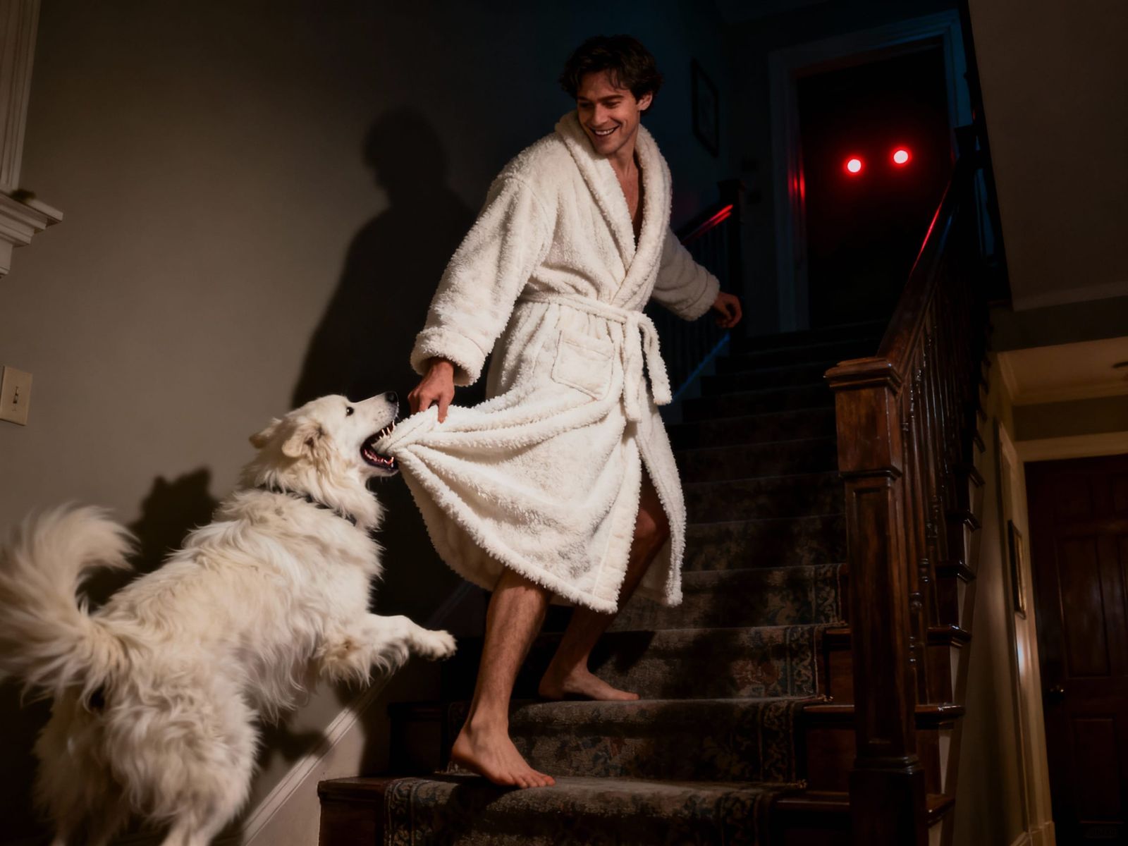 Man Ascends Stairs While Dog Pulls Gown, Red Eyes Watch