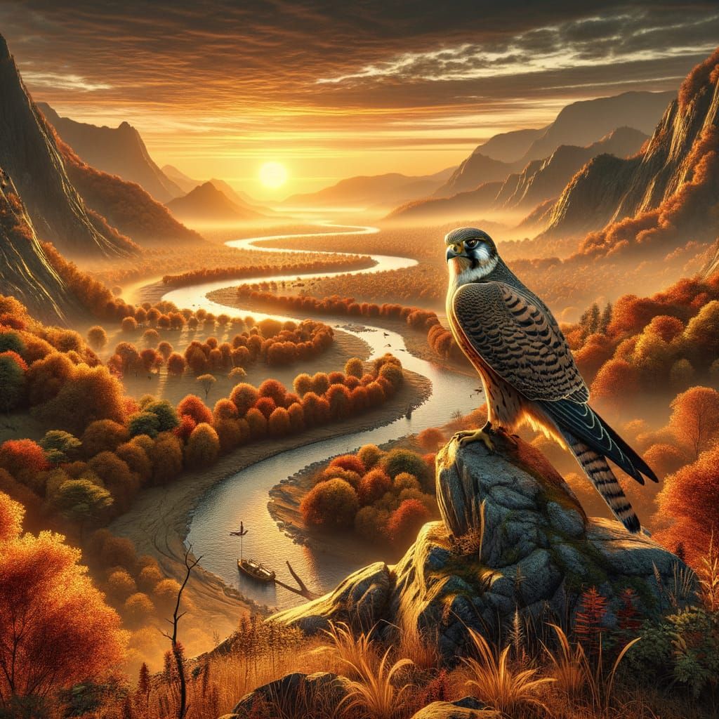 Stunning Autumn Falcon Perched in Sunset Glory