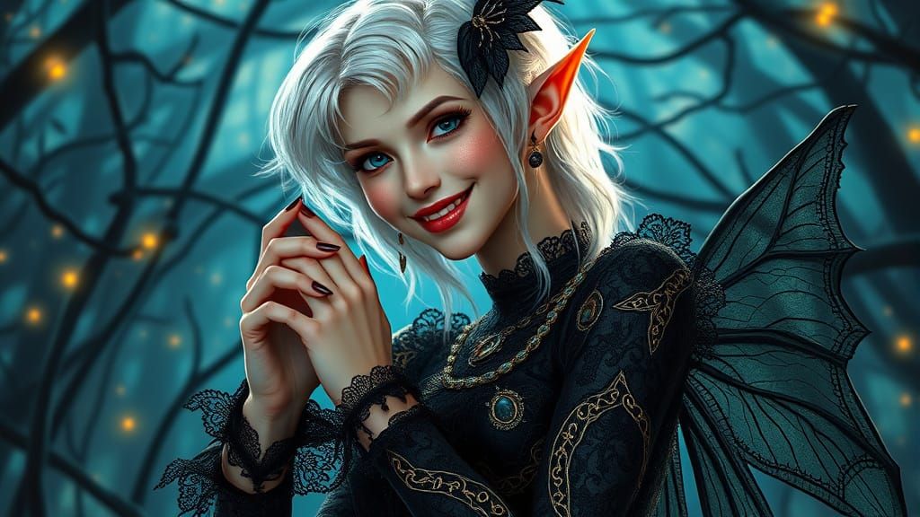 Mischievous Fey with Golden Dress in Hyperrealism