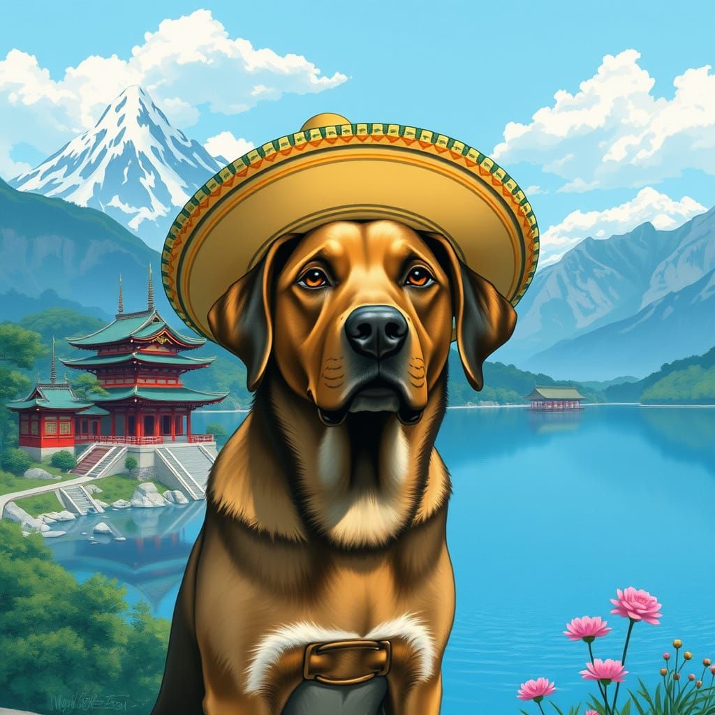 Labrador with Sombrero at Lake, Miyazaki-esque Illustration