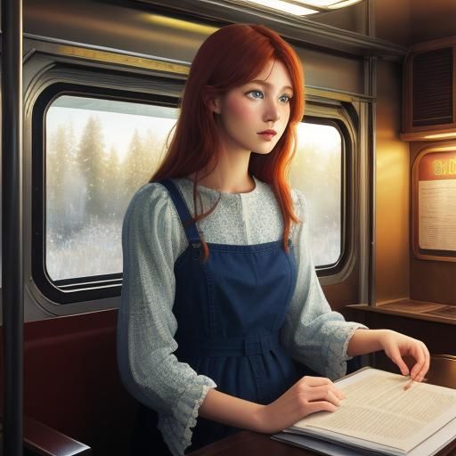 Woman in Train Cabin Dreamscape: Vibrant Oil Painting