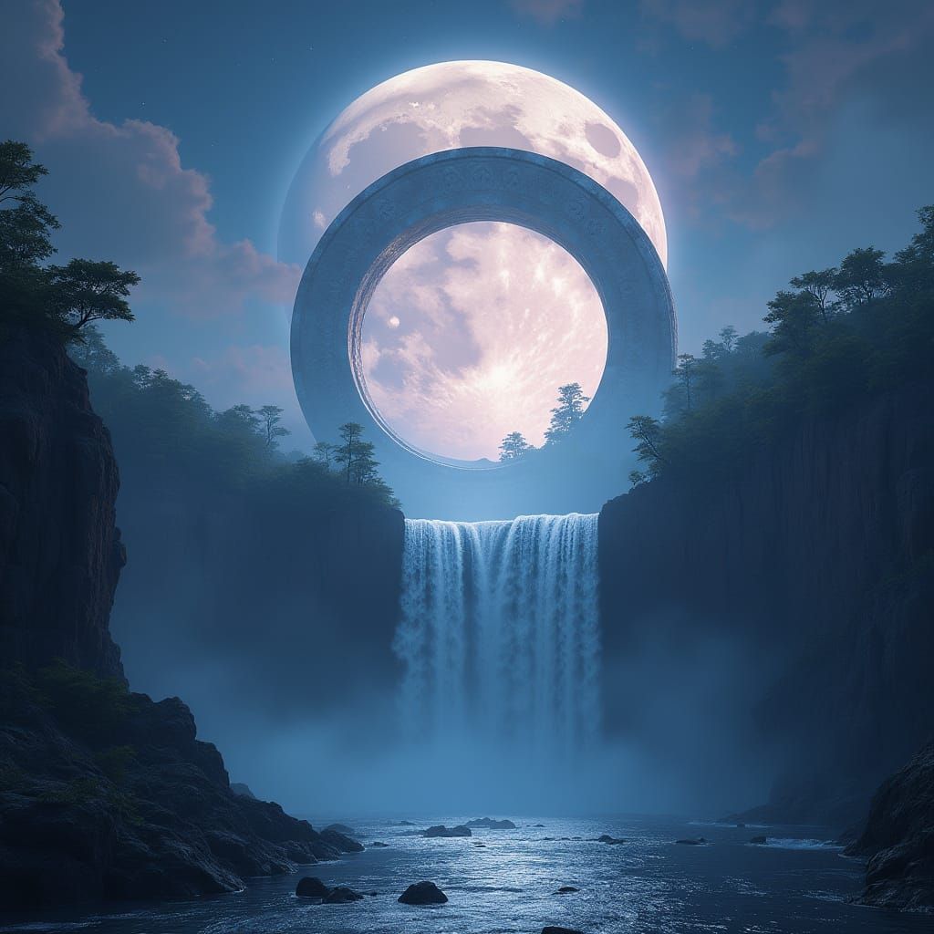Ethereal Stargate Illuminates Moonlit Waterfall