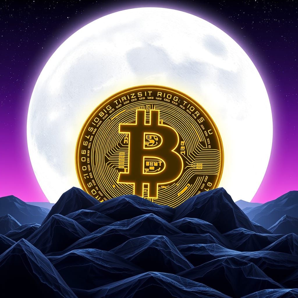 Golden Bitcoin to the Moon in Synthwave Style
