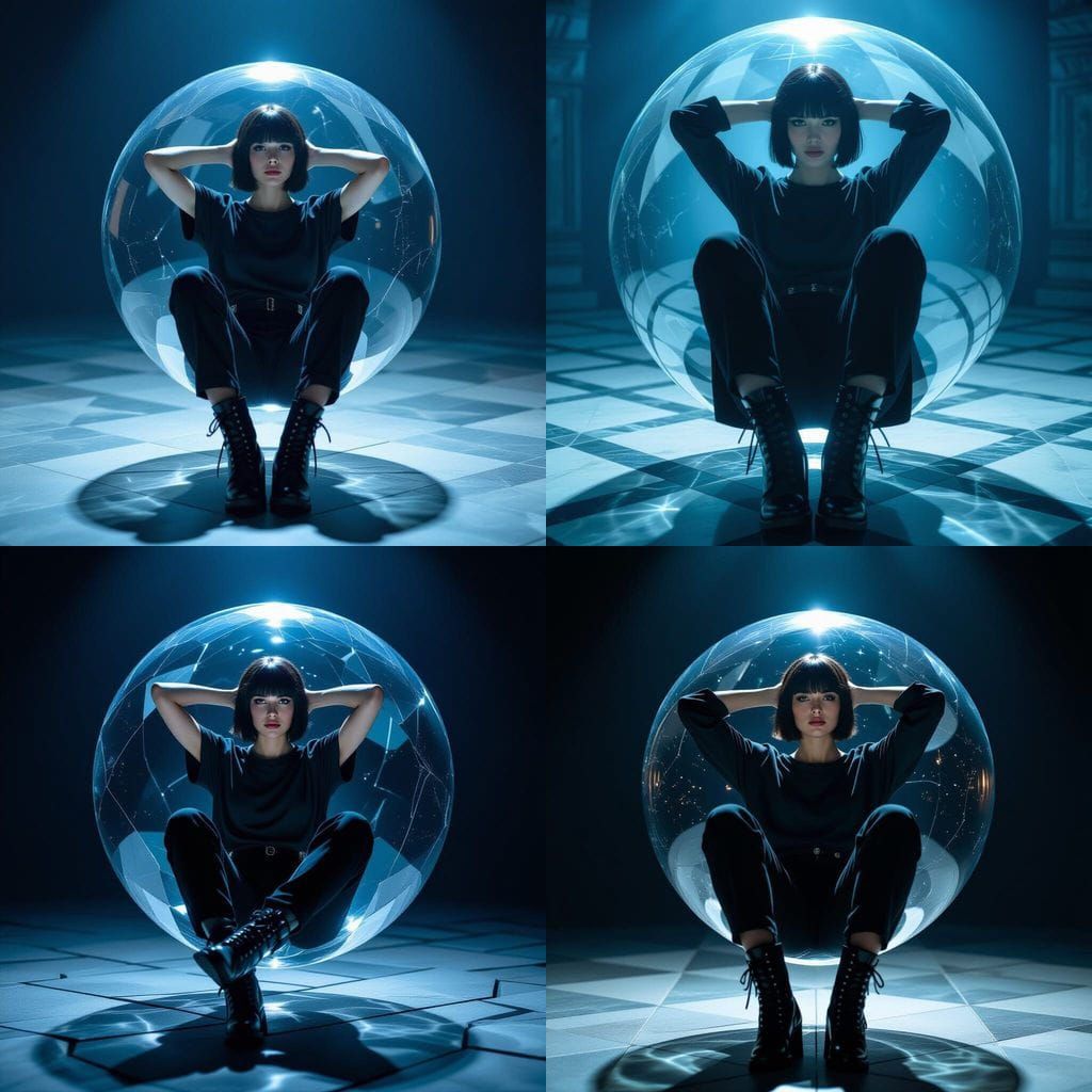 Androgynous Figure Levitating in Glowing Crystal Sphere