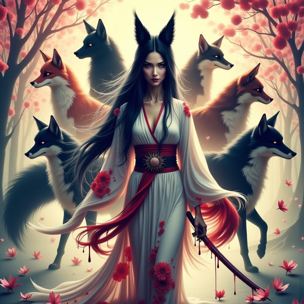 Kitsune Goddess in Elegant Kimono, Surrounded by Cherry Blos...