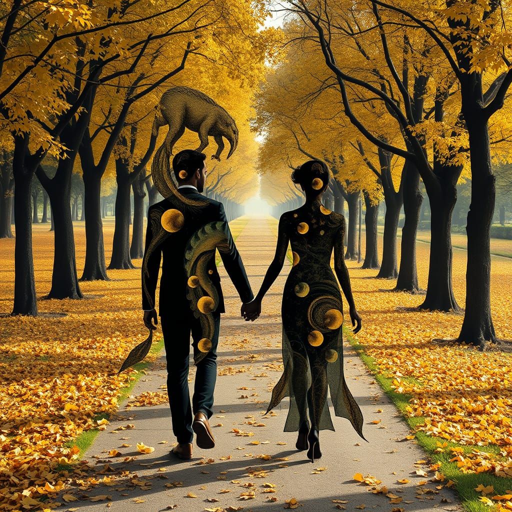 Couple in Mystical Park: Klimt and Magritte Inspired