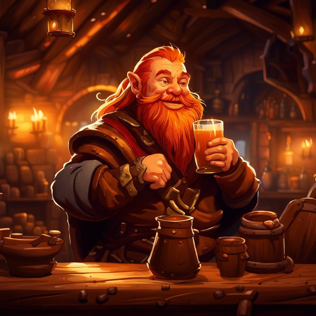 Dwarf Cheers in Medieval Tavern, Digital Art