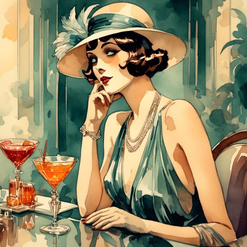 Elegant Flapper Sipping Cocktail in Art Deco Style