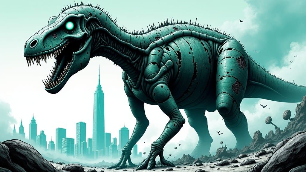 Colossal Corroded-Biomechanical Zombie-Kaiju in Manga Style