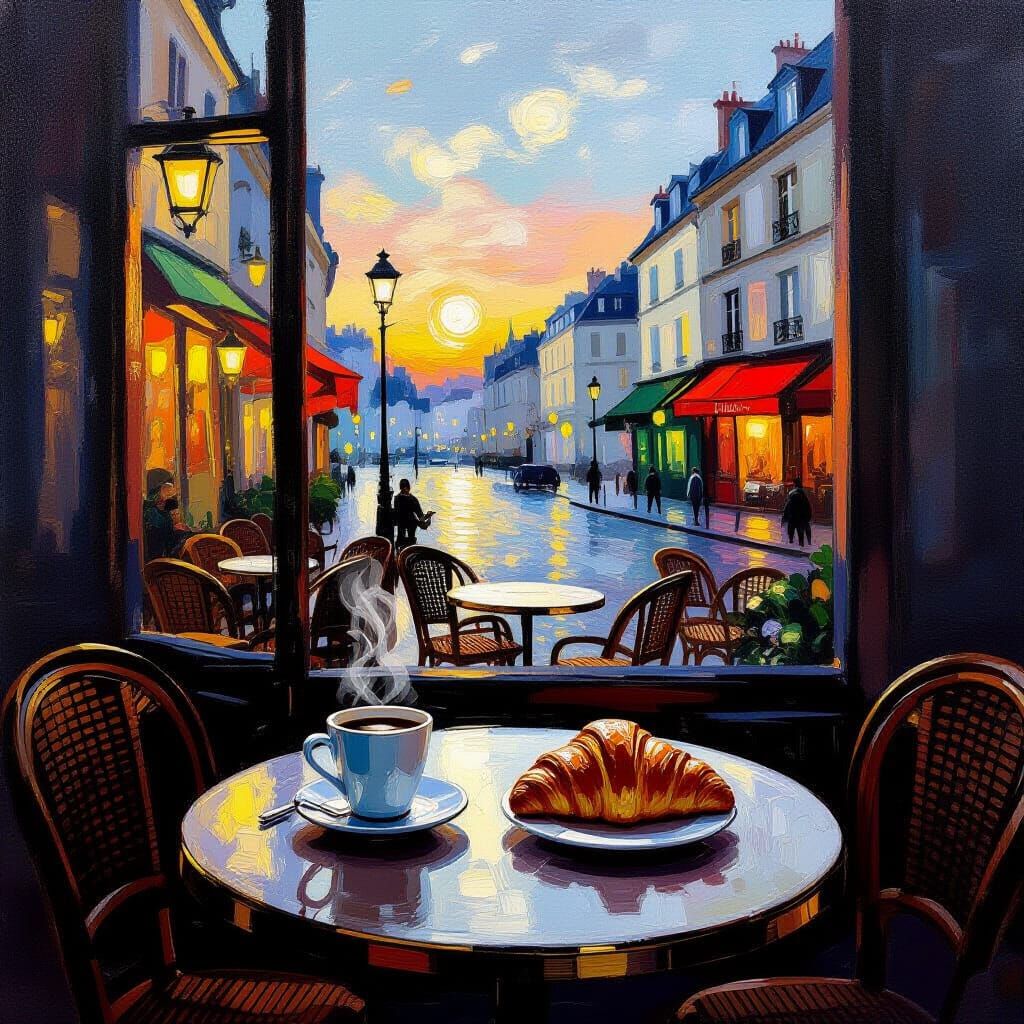 Parisian Cafe at Twilight: Impressionistic Oil Painting