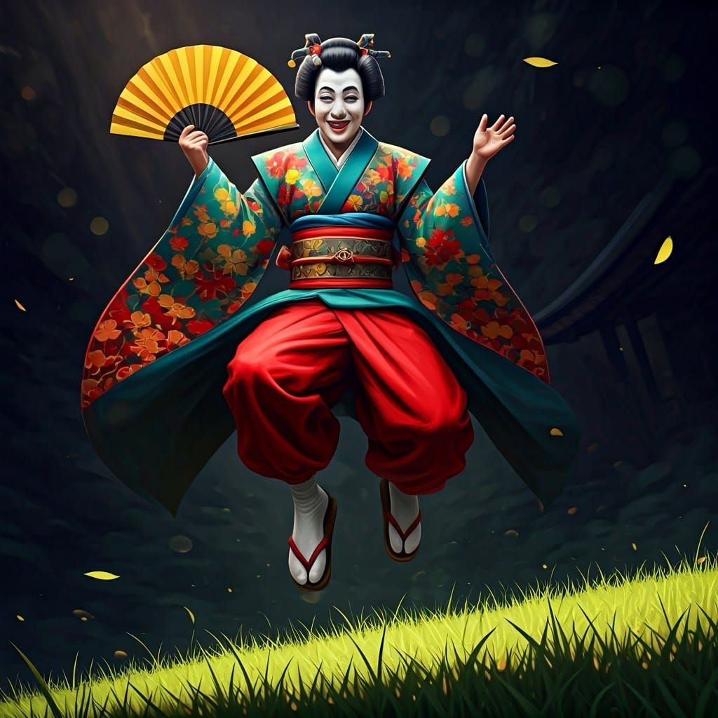 Japanese Jester Leaps with Joy in Vibrant Kimono