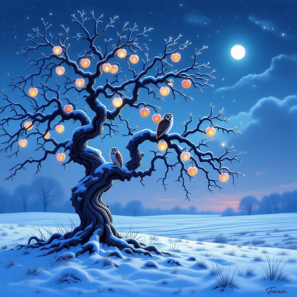 Ancient Apple Tree in Snow Under Twilight Sky