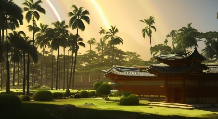rainbow, Old japanese architecture ancient abode in a prairie, surrounded by palm trees, blue sky, golden hour, dreamy, ...