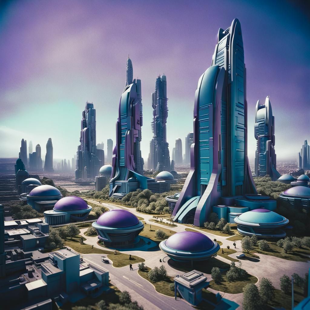 Futuristic Space City Under Purple Sun