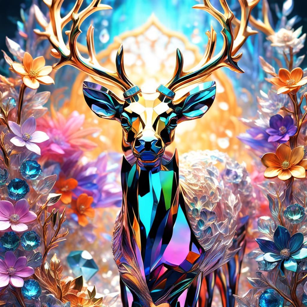 Crystal Deer and Flowers in Holographic Style