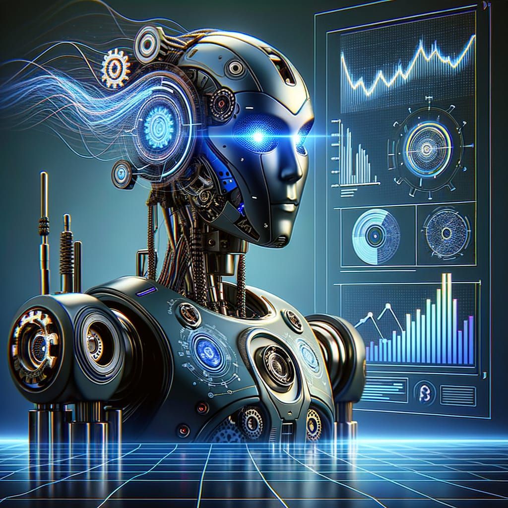 Futuristic AI Assistant Robot Displaying Analytics