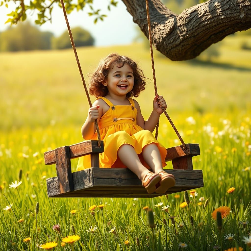 Little Girl Soars on a Vintage Swing in a Lush Green Meadow