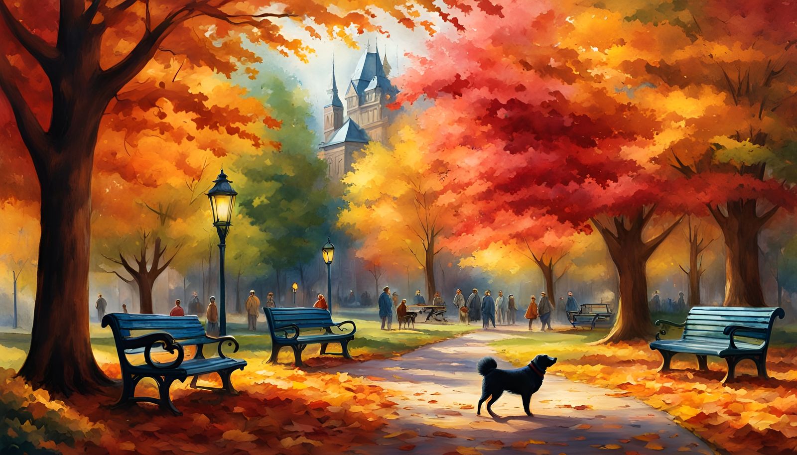 Autumn Park Scene in Retro Watercolor Style