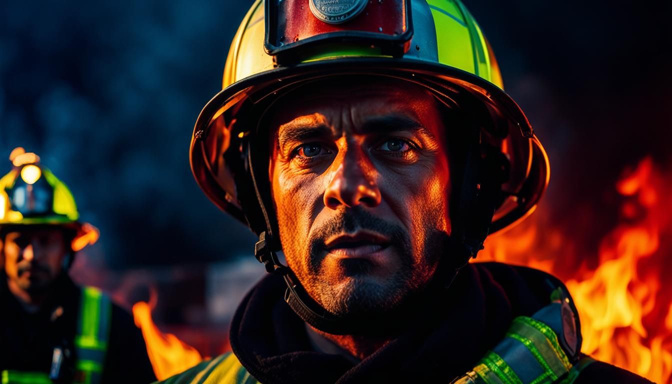 Intense Close-Up: Firefighter in Action
